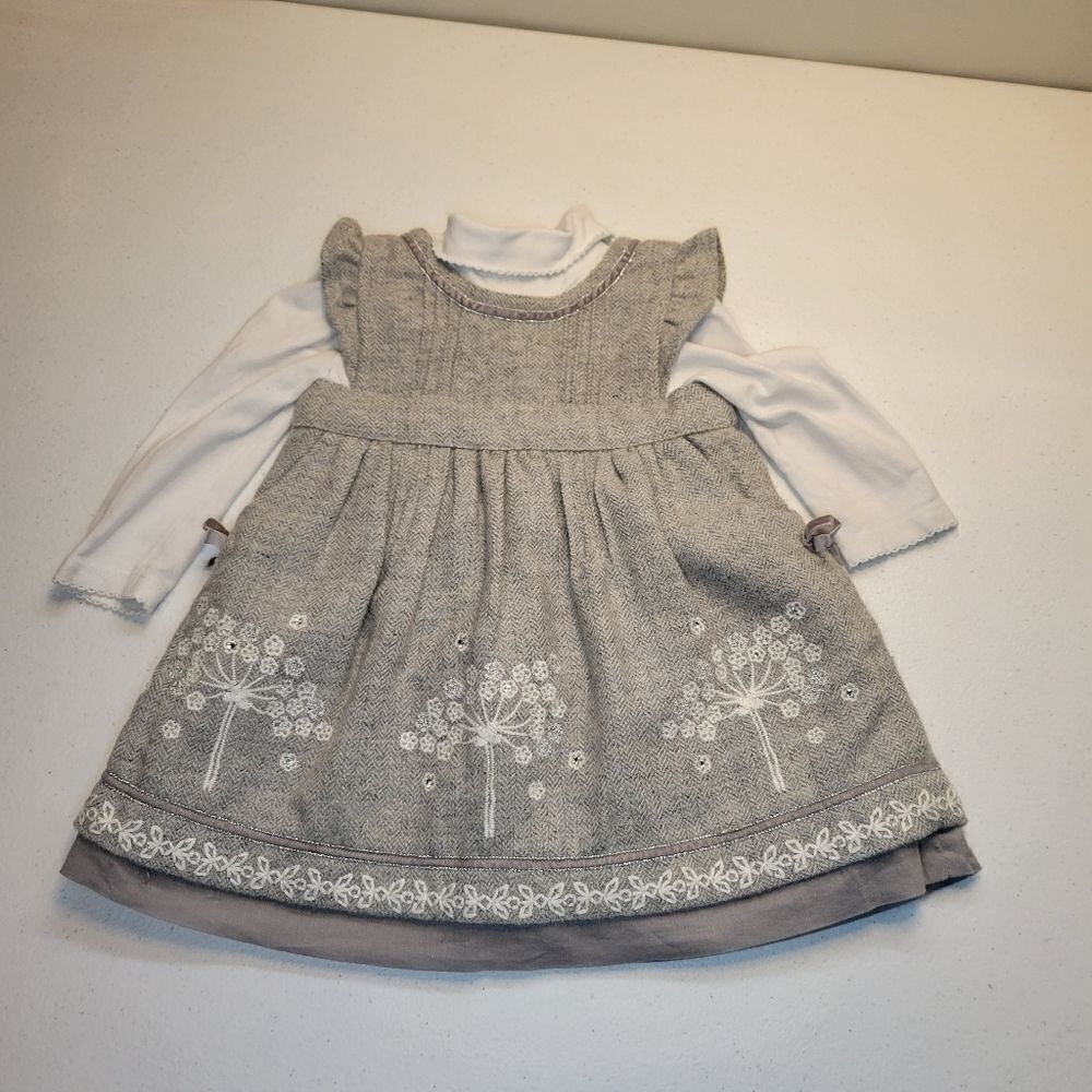 MONSOON Gray Wool Blend Dress with withe embroidery 3-6mo - Picture 12 of 16